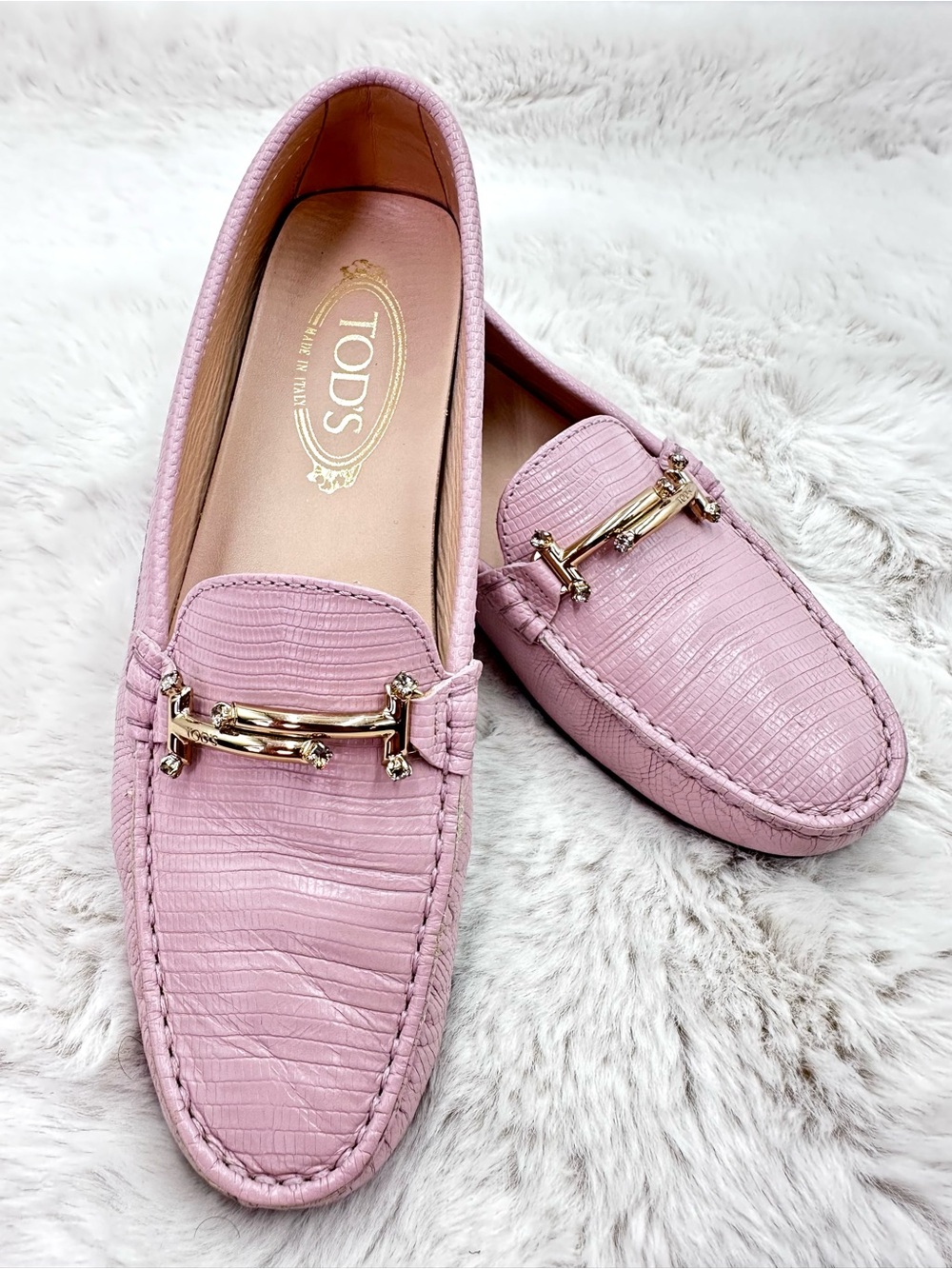 Tod's Pink Python Embossed Leather Double T Slip On Loafers 38.5 US 8.5 Crystal‎